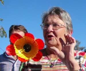 Margaret Doecke shows off Flower made of Plastic