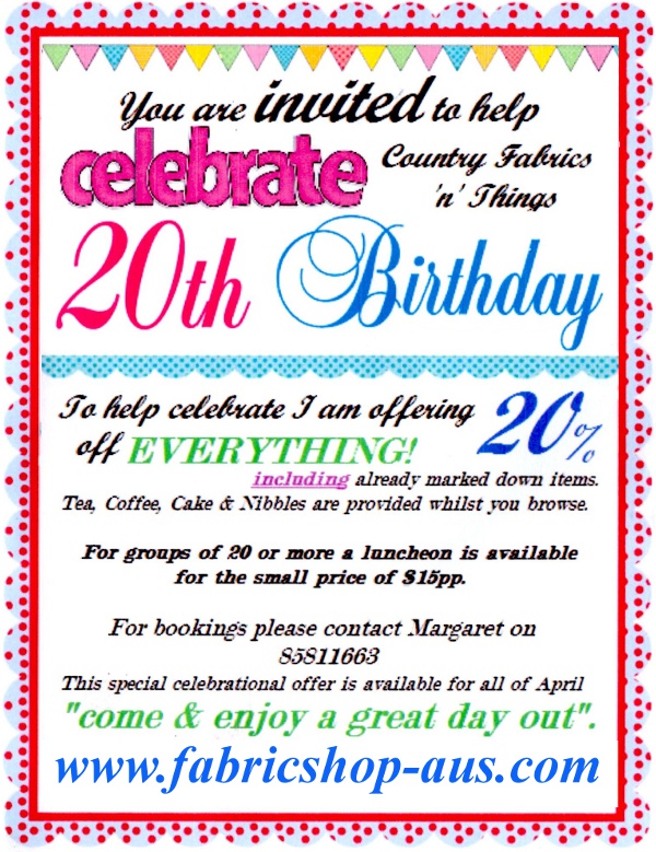 Country Fabrics 20th Birthday Celebrations - April 2014 - 20 percent off