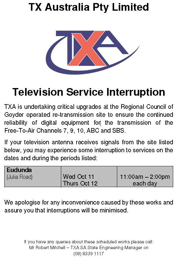 Television Service Interruption 11-12th Oct 2017