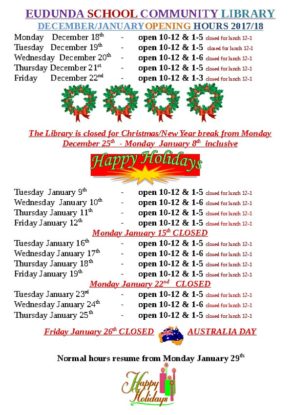 Eudunda Library Christmas - New Year Holiday Times for 2017 - 2018