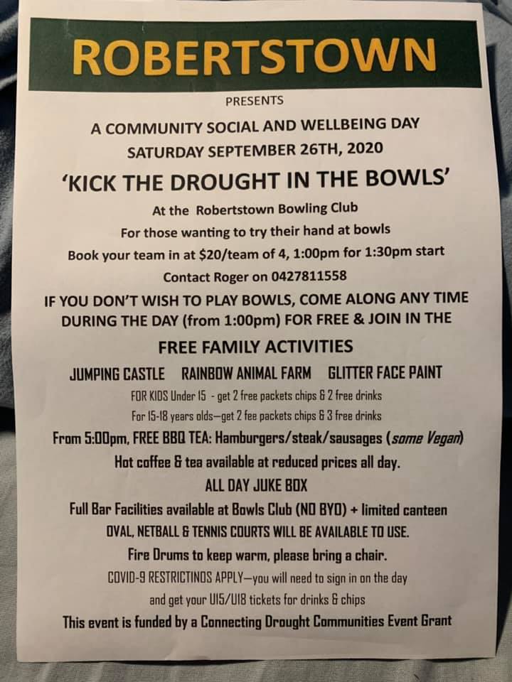 Kick the Drought in the Bowls – Robertstown Bowling Club – Sunday 18th Oct 2020