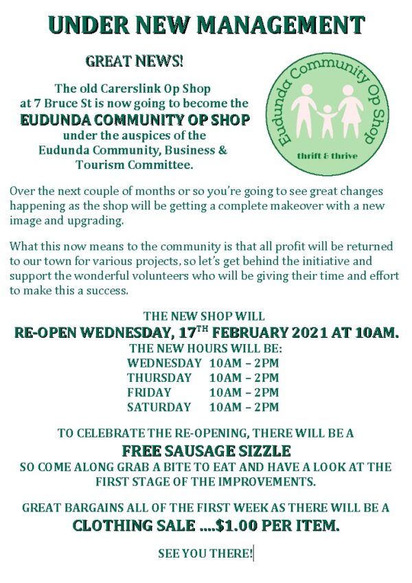 Great News - Come Celebrate Grand Opening of Eudunda Community Op Shop  - 17th Feb 2021