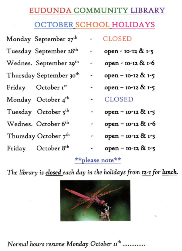 Eudunda School Community Library - October 2021 School Holiday Times