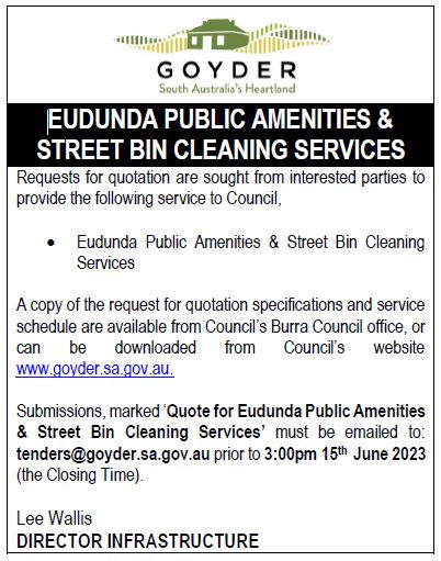 Apply Now To Contract for ‘Eudunda Public Amenities & Street Bin Cleaning Services’.