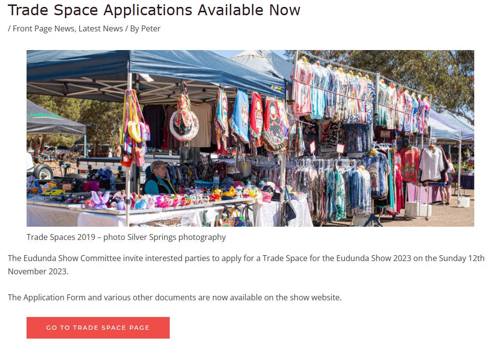 Eudunda Show 2023 News – Trade Space Applications Available Now